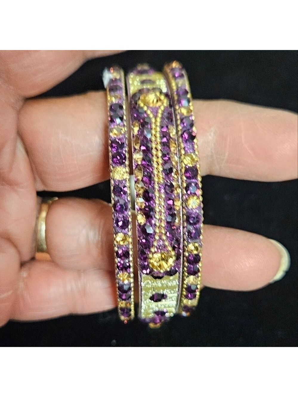 Vintage 3 Purple, Pink and Yellow Rhinestones on Gold-tone Metal Bracelet Bands